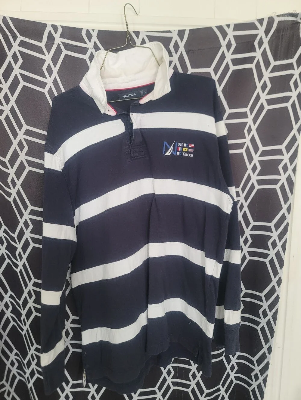 Nautica Men’s Navy and White Striped Zip-Up Rugby Pullover